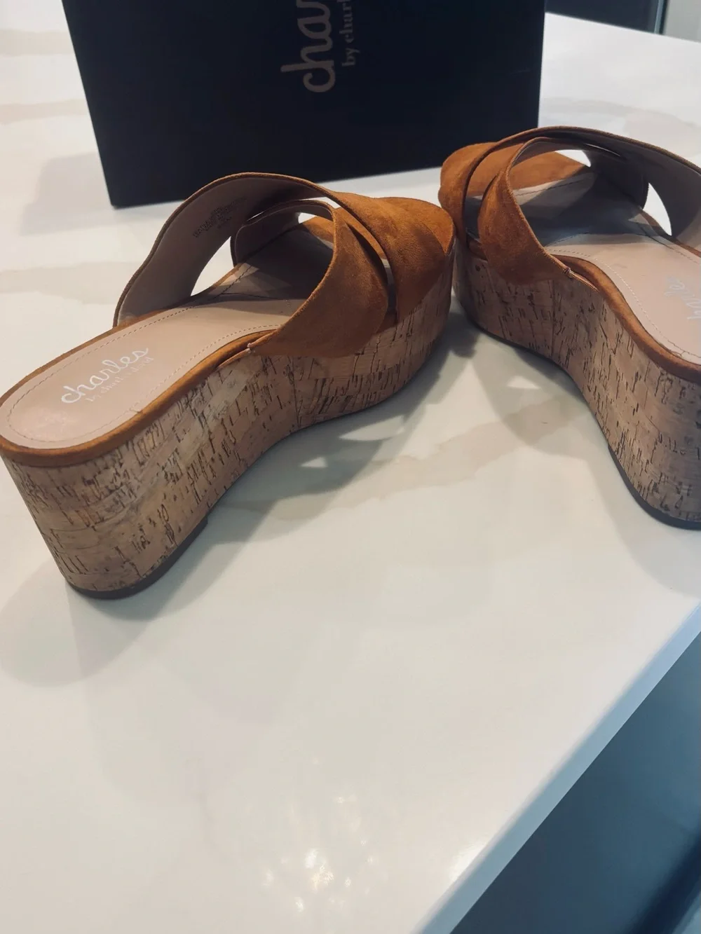 Charles by Charles David Tan Suede Cork Platform Slide Sandals